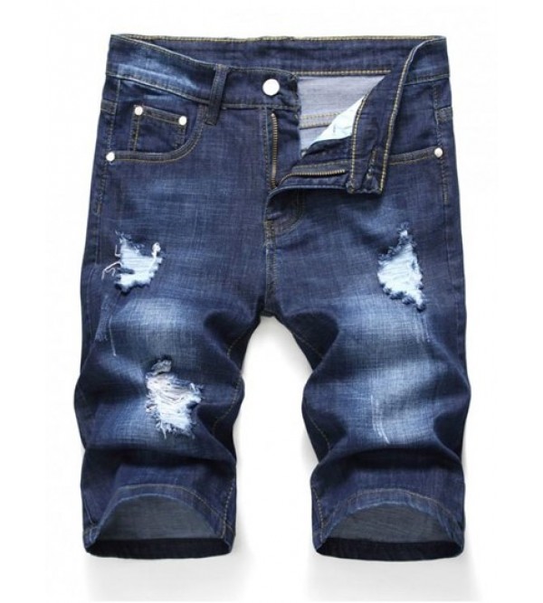 Zipper Fly Design Ripped Denim Shorts