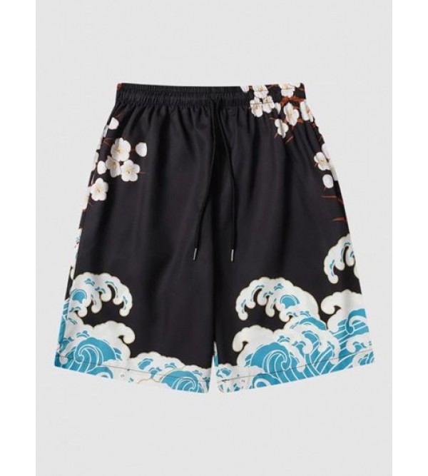 Sea Waves And Flower Print Casual Drawstring Shorts