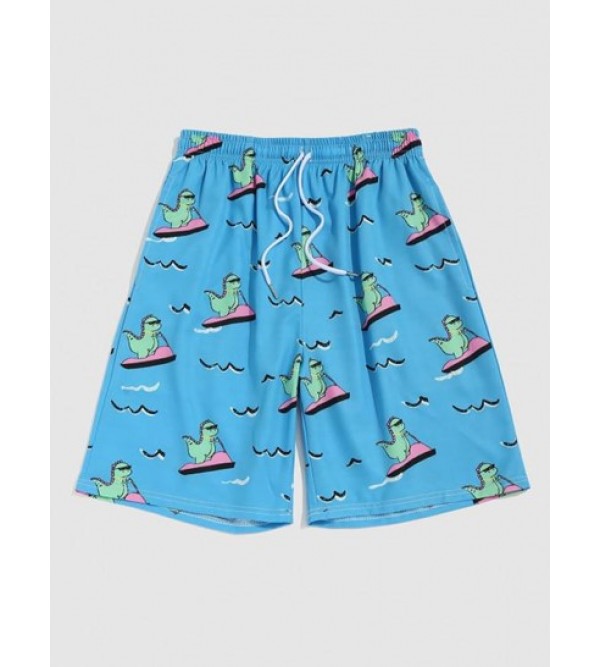 Cartoon Dinosaur Printed Drawstring Beach Shorts