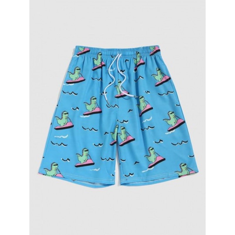 Cartoon Dinosaur Printed Drawstring Beach Shorts