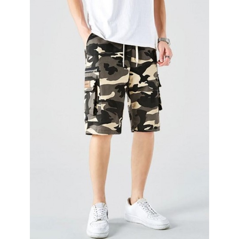 Zipper Multi-pocket Design Drawstring Cargo Shorts
