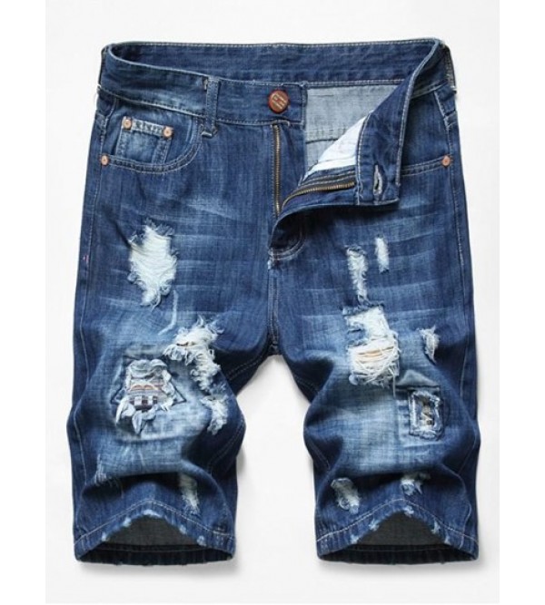 Patchworks Ripped Decoration Denim Shorts