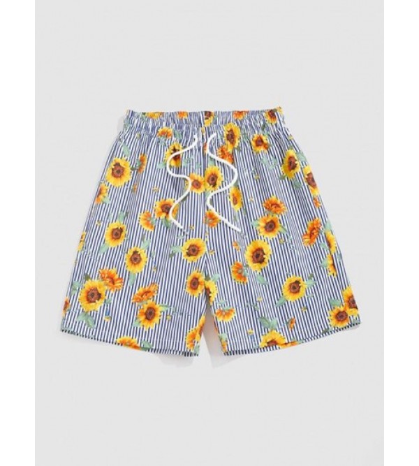 Vertical Striped Sunflower Print Board Shorts