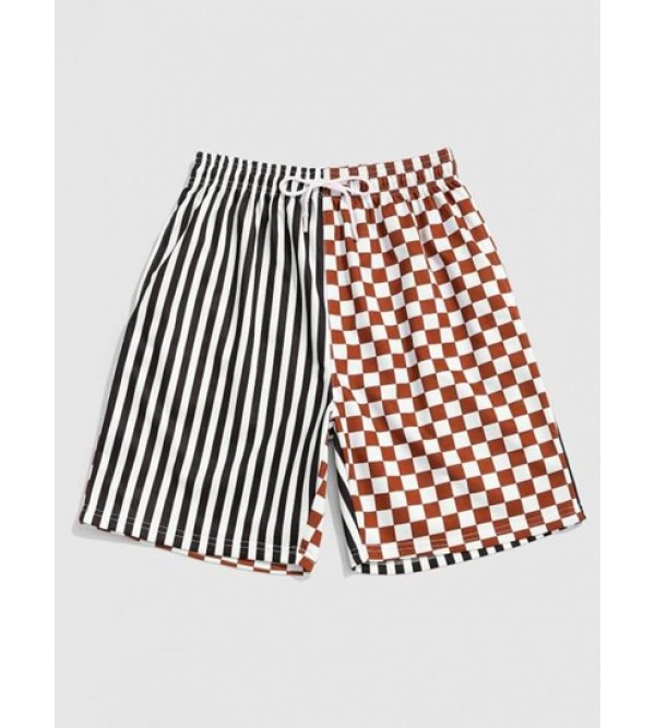 Drawstring Stripe Checkerboard Half Print Casual Shorts