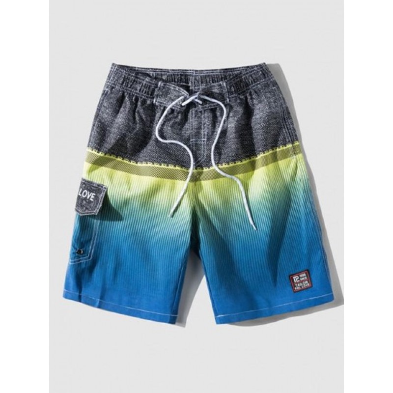 Ombre Stripe Print Letter Patch Drawstring Casual Shorts