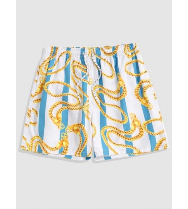Contrasting Stripe Chain Print Vacation Shorts