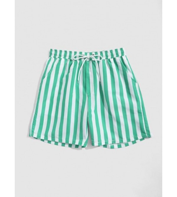 Colorblock Vertical Stripe Pattern Drawstring Board Shorts