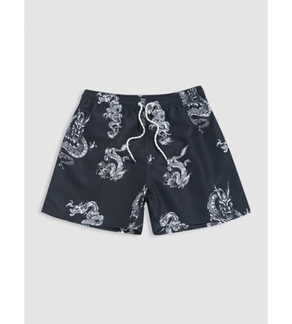 Chinese Style Dragon Print Vacation Beach Drawstring Shorts