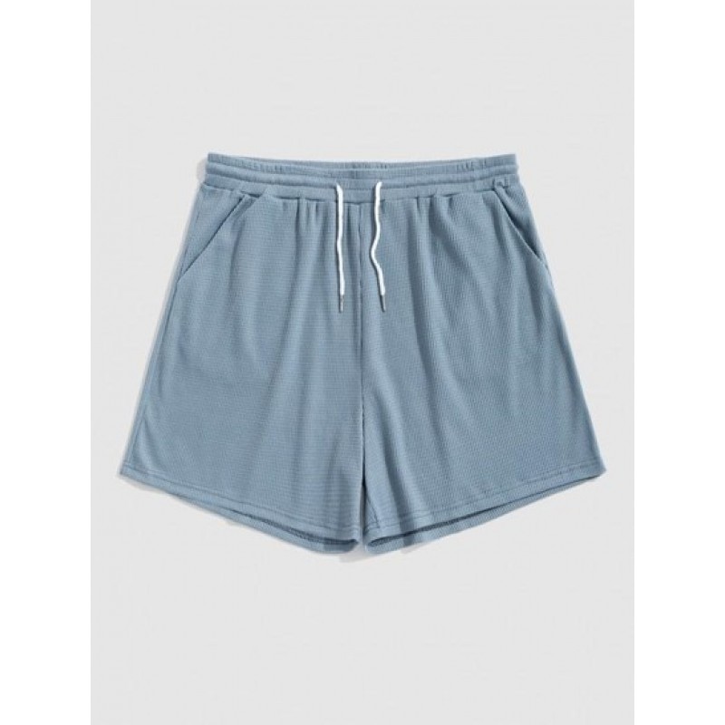 Textured Drawstring Solid Color Causal Shorts