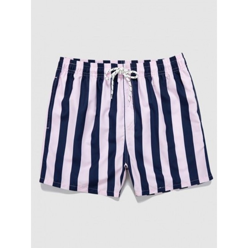 Striped Colorblock Drawstring Pocket Beach Shorts