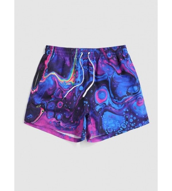 Drawstring Iridescence Print Vacation Shorts