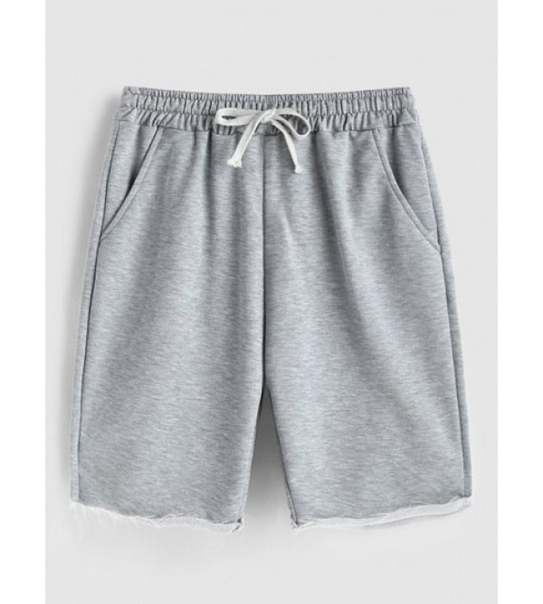 Solid Color Frayed Hem Drawstring Shorts