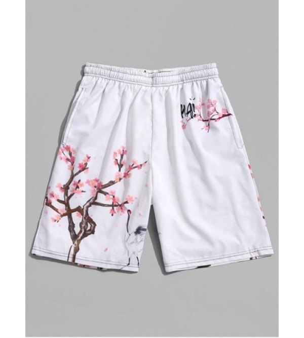 Flower Flying Crane Print Beach Shorts