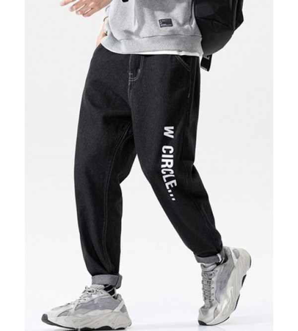 Letters Print Zipper Fly Tapered Jeans