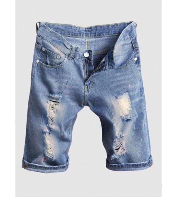 Splash Paint Pattern Destroyed Denim Shorts