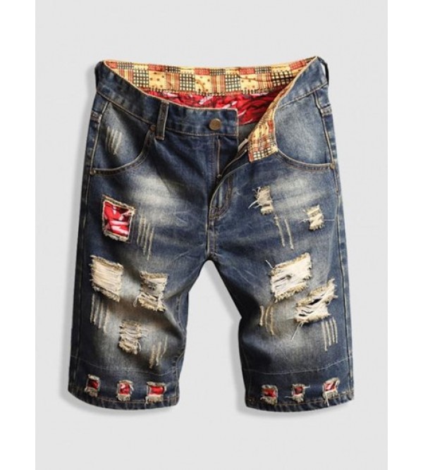Patchwork Design Destroyed Denim Shorts