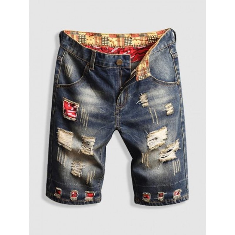 Patchwork Design Destroyed Denim Shorts