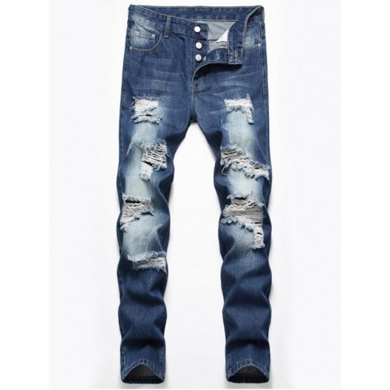 Ripped Destroyed Design Button Fly Jeans