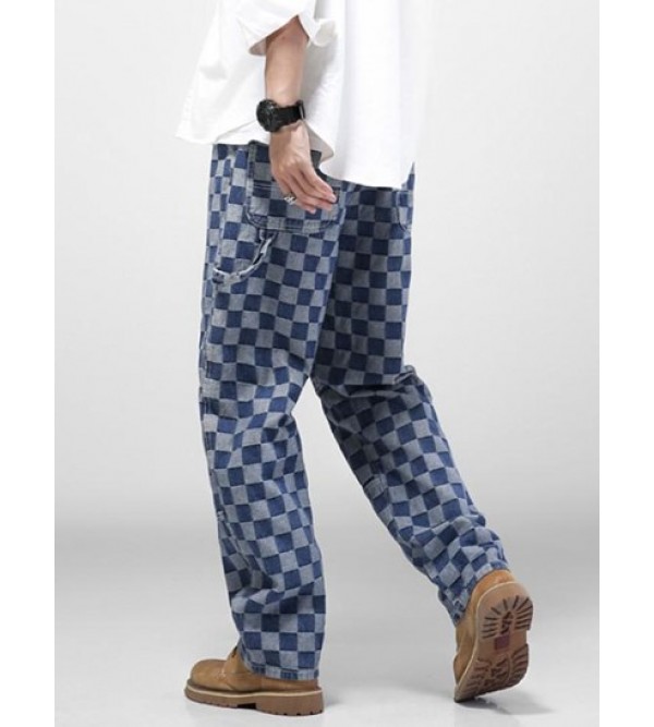 Y2K Aesthetic Checkerboard Print Straight Leg Carpenter Jeans