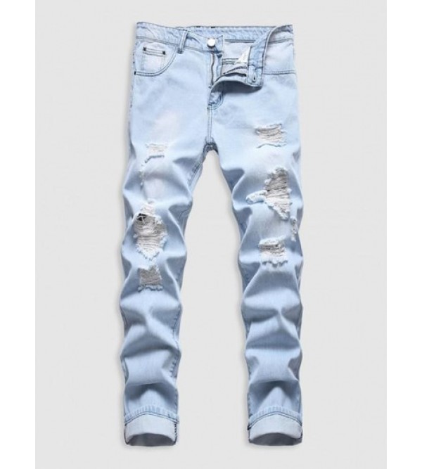 Ripped Pockets Faded Demin Jeans