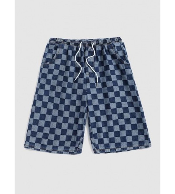 Checkerboard Pattern Drawstring Denim Shorts