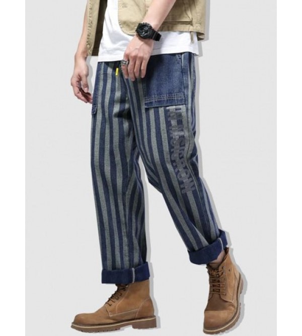 Striped Letters Print Straight Leg Jeans