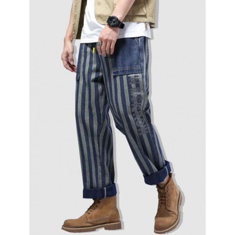 Striped Letters Print Straight Leg Jeans