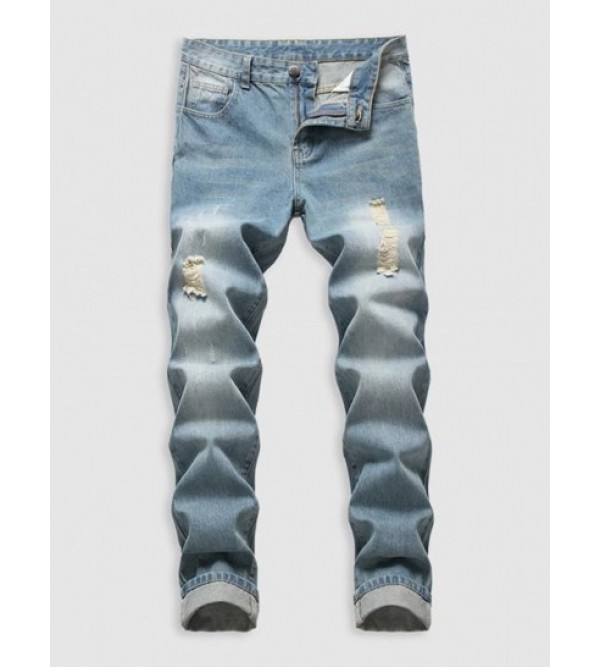 Zipper Fly Pockets Ripped Casual Jeans