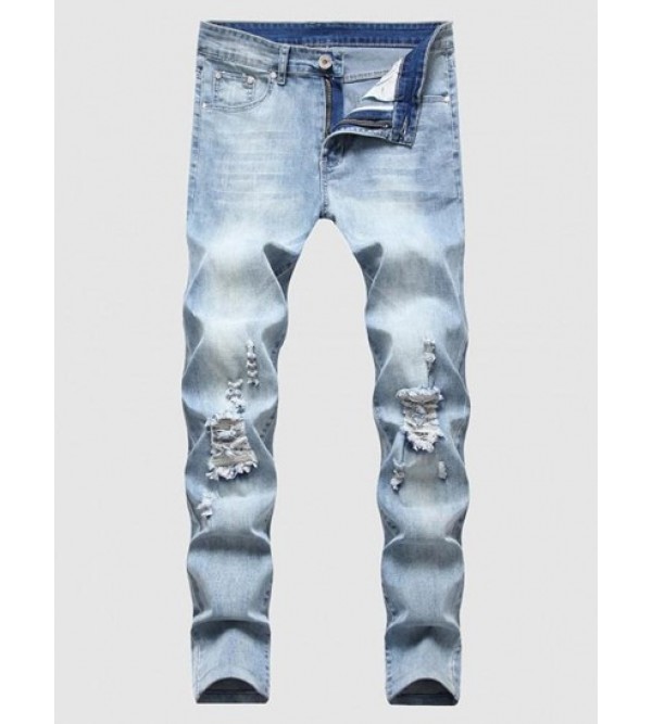 Zipper Fly Frayed Distressed Jeans