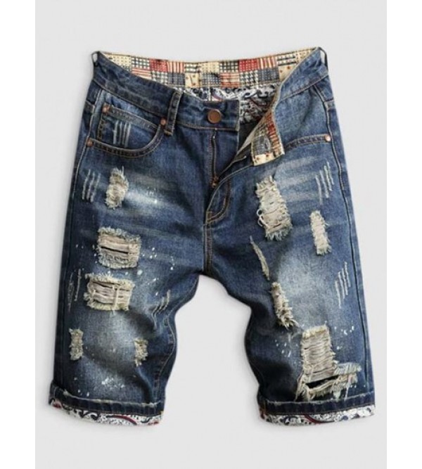Splash Print Frayed Ripped Denim Shorts