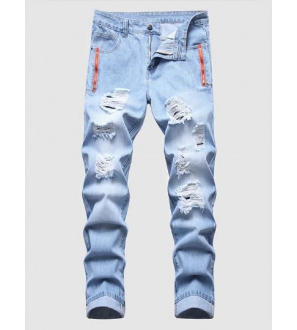 Zipper Embellishment Light Wash Ripped Jeans