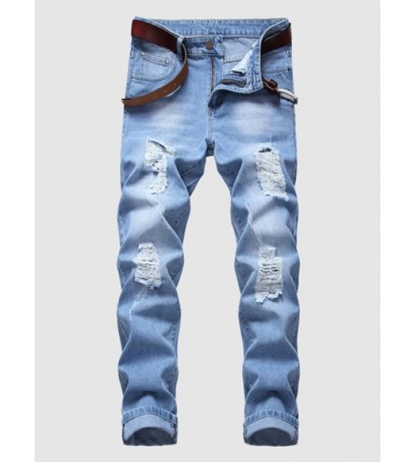Destroyed Design Zipper Fly Cuffed Jeans