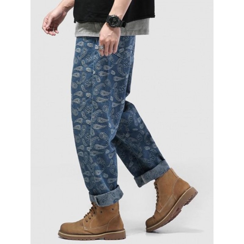 Straight Leg Paisley Flower Print Y2K Aesthetic Jeans