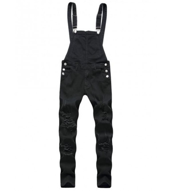 Solid Color Ripped Zipper Denim Overalls