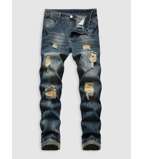 Retro Ripped Pockets Zipper Fly Jeans