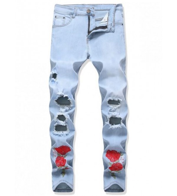Flower Embroidered Ripped Long Denim Pants