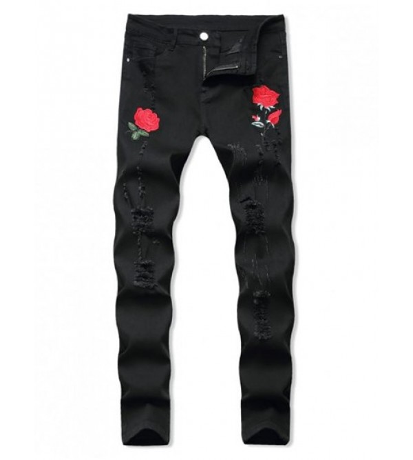 Rose Floral Embroidered Ripped Design Skinny Jeans