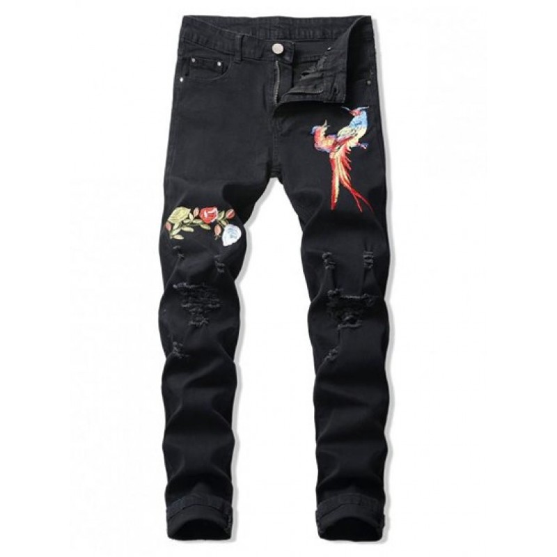 Ripped Floral Bird Embroidery Destroy Wash Long Jeans