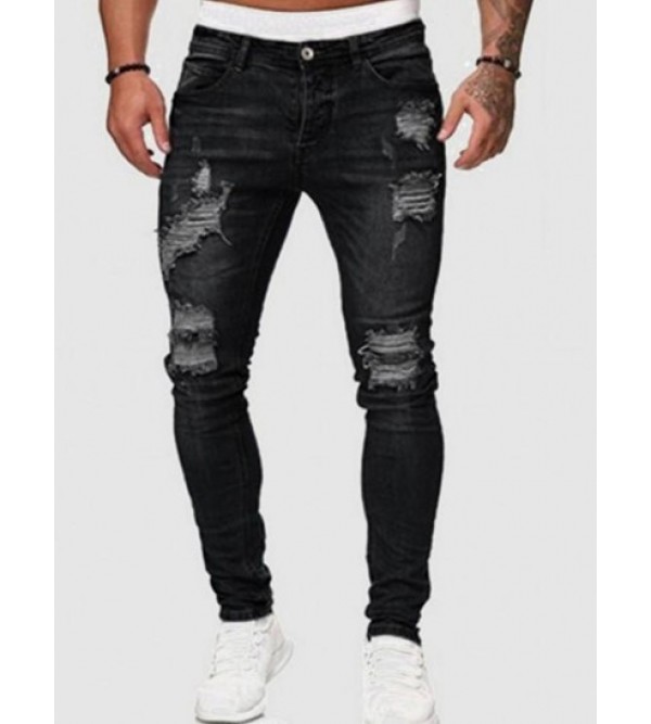 Destroyed Straight Leg Zipper Fly Jeans