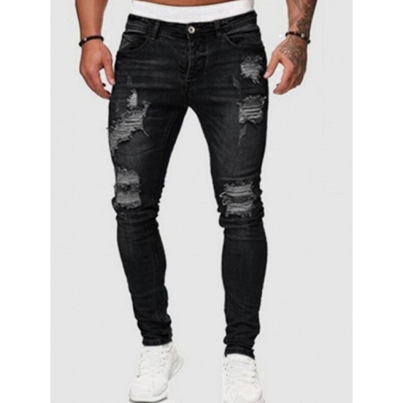 Destroyed Straight Leg Zipper Fly Jeans