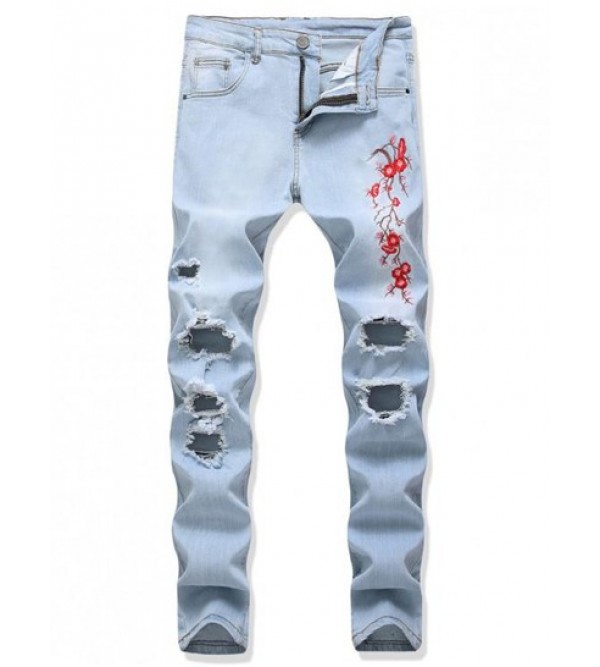 Floral Embroidery Destroy Wash Distressed Long Jeans