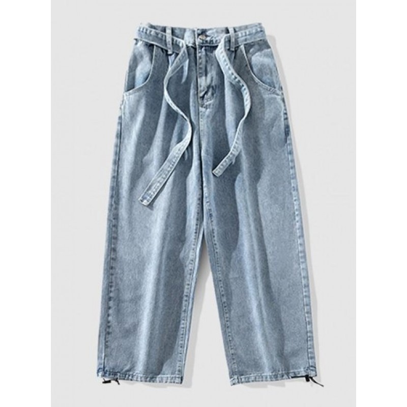 Leg Hem Drawstring Design Loose Fit Jeans