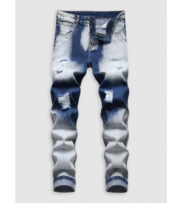Faded Ripped Zipper Button Denim Jeans