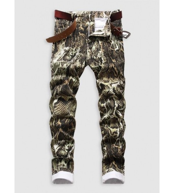 Snakeskin Print Multi-pocket Cuffed Stretch Jeans