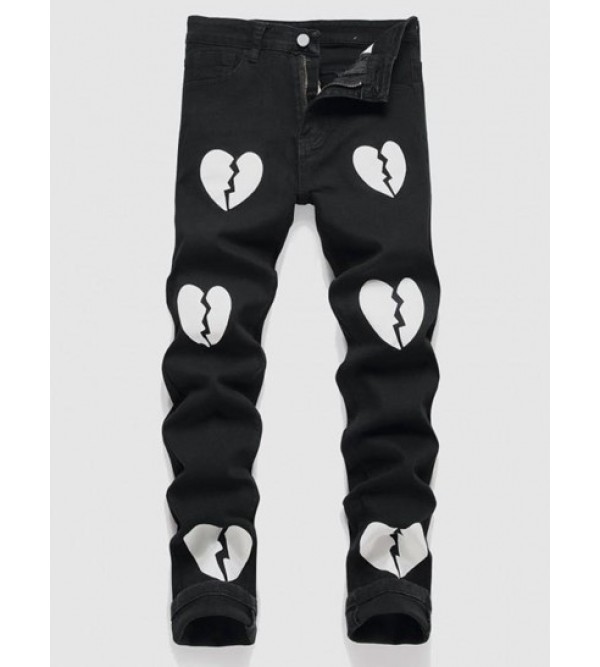 Broken Heart Pattern Zippered Jeans