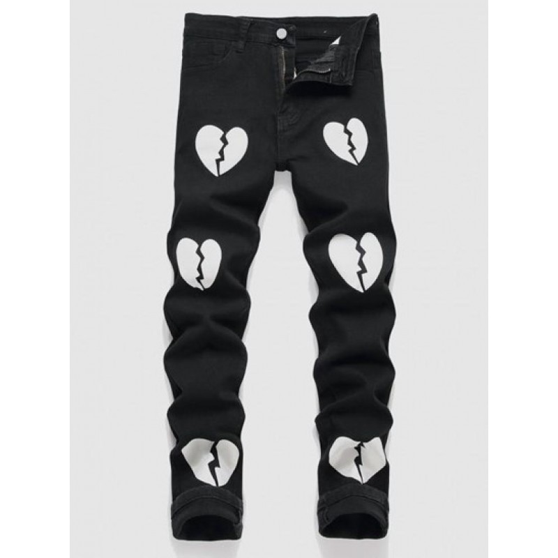 Broken Heart Pattern Zippered Jeans