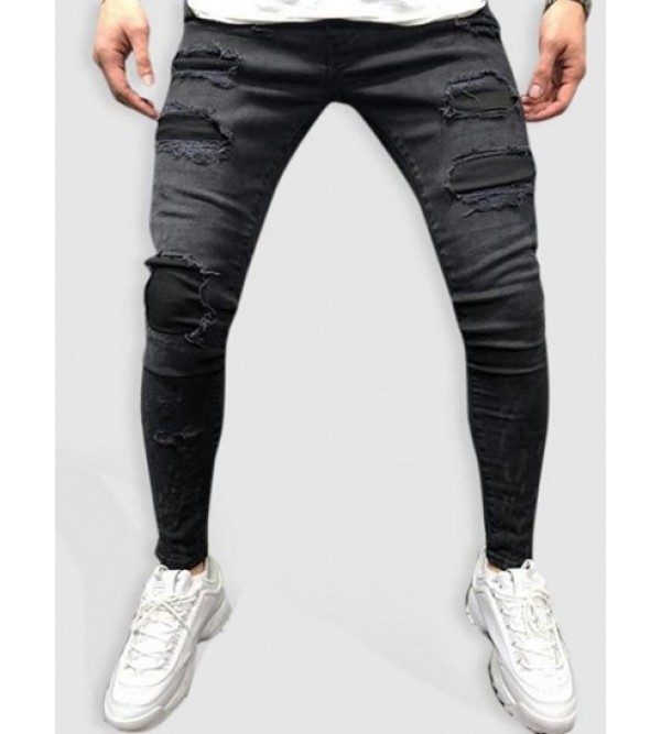 Solid Color Ripped Patch Casual Jeans