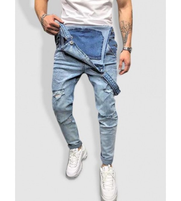 Frayed Ripped Inside Pocket Design Jean Jumpsuits