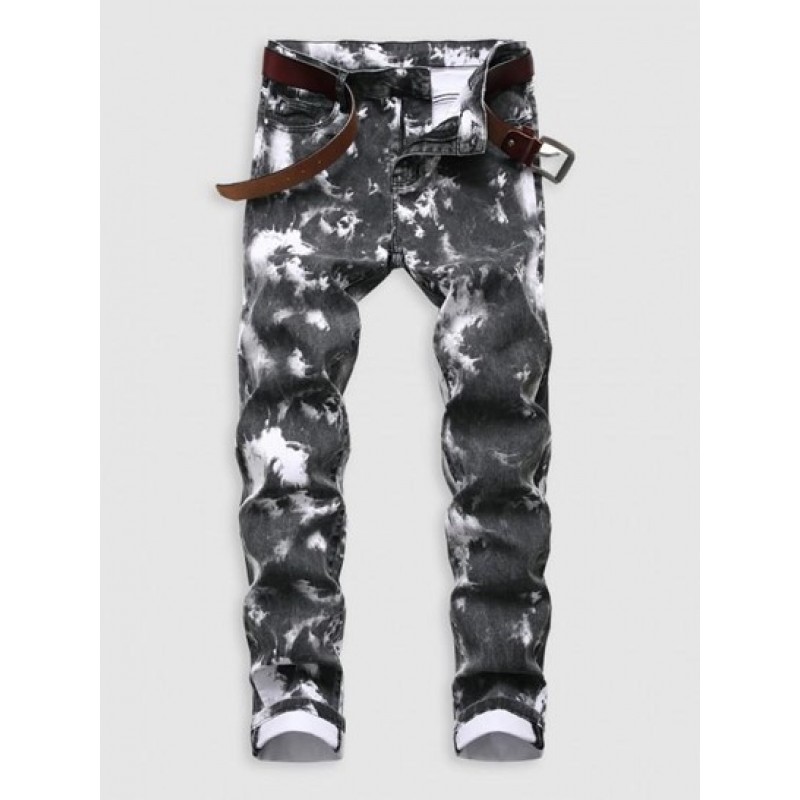 Tie-dye Pattern Cuffed Stretch Jeans
