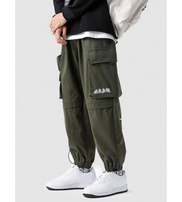 Casual Letter Print Pockets Elastic Waist Cargo Techwear Pants